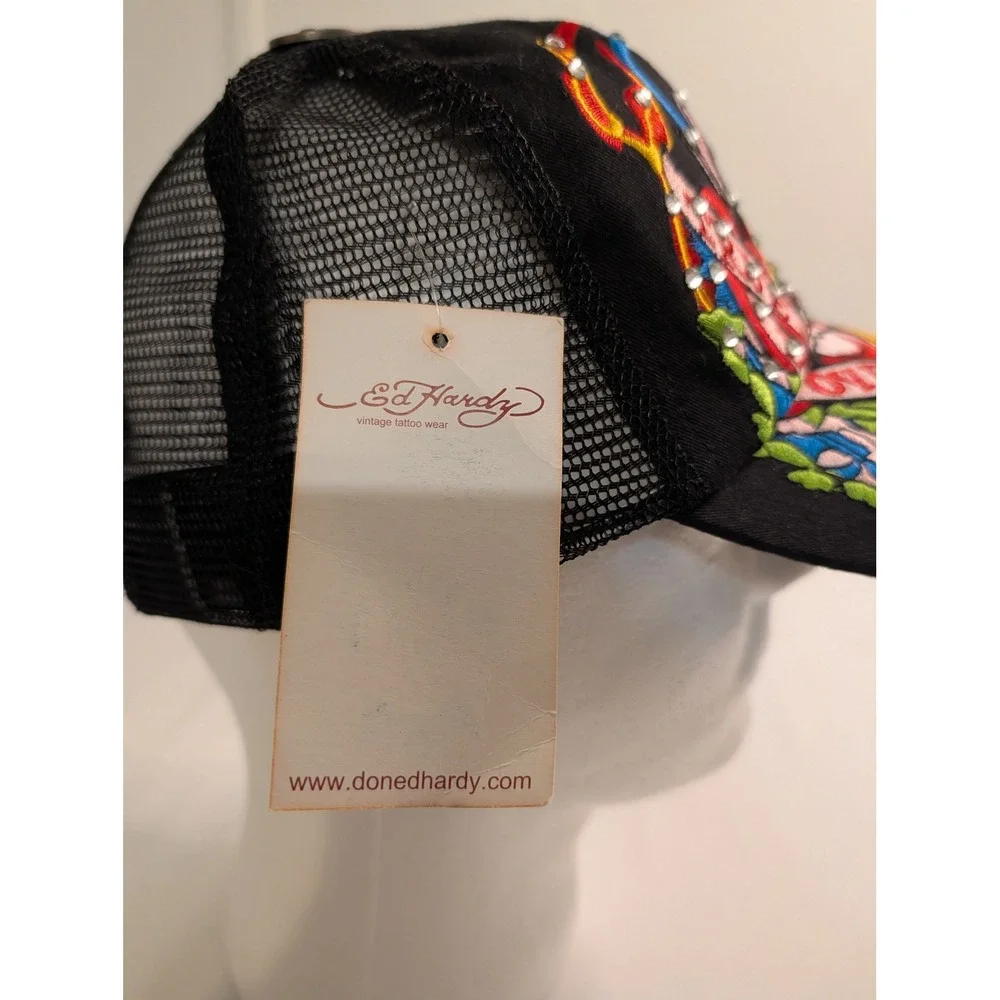 Ed Hardy Christian Audigier Vintage Trucker Hat Black Rhinestone Tattoo Rose NWT